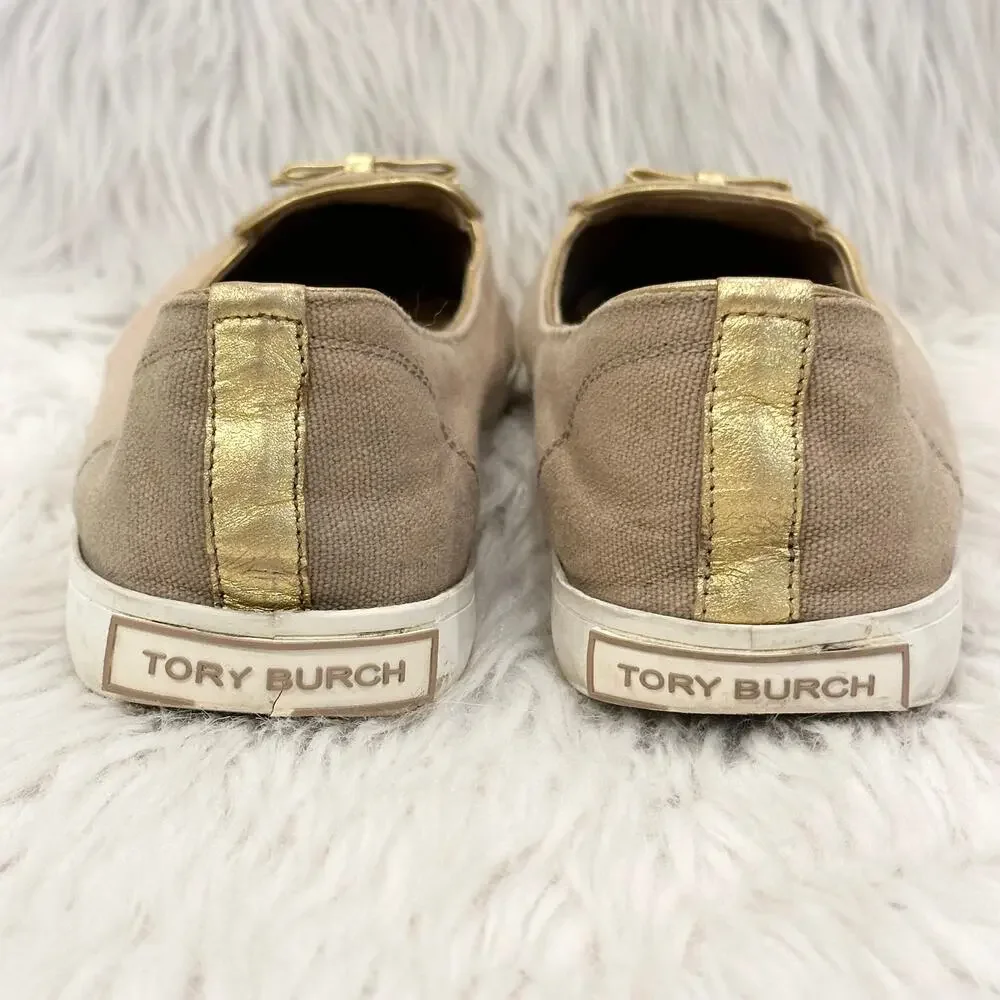 Tory Burch Dakota Flats Sneaker Canvas Leather Bow Logo Shoes, Tan/ Gold